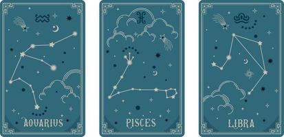 Acuario, Piscis y Libra, los símbolos del zodíaco rodean las nubes y las estrellas. astrología horóscopo tarjetas ilustraciones vectoriales. elegantes símbolos e iconos del horóscopo esotérico vector