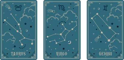 Taurus Virgo and Gemini zodiac symbols surround clouds, stars, luxury, esoteric, and boho styles. Fit for paranormal, tarot readers, and astrologers vector