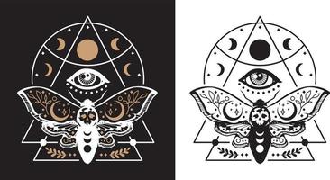 Celestial lunar death moth with third eyes vector illustration. Mystical moon moth with moon phases. Boho magic insect on white and black background.