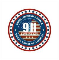 USA Never Forget September 11, 2001. Vector label for Patriot Day USA sticker or emblem. Round sign with USA flag