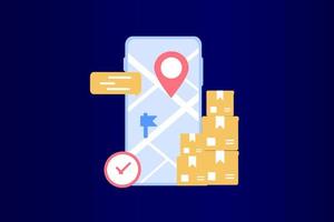 Online delivery courier service or delivery tracking mobile application concept on smartphone with packing coming out. Global logistic concept, quick and fast cargo shipment. Flat vector illustration.