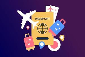 Traveling on airplane, planning for tourism on summer vacation concept. Business trip with passport and travel bag. Online ticket, travel booking and service concept. Flat vector illustration.
