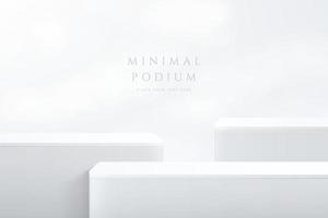 Abstract white 3D room with realistic white cube shape stand or podium set. Minimal wall scene for product display presentation. Vector geometric platform design. Stage for showcase. Simple and clean.