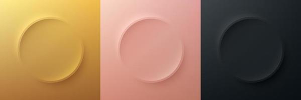 Set of gold, rose gold, black round frame in neumorphism style. Abstract 3D circle backdrop scene for cosmetic product. Collection of luxury geometric soft background with copy space. Top view podium. vector