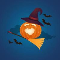 illustration of the pumpkin on a broomstick. over the moon. happy Halloween. vector