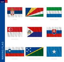 colección de banderas ondeantes en proporción oficial, nueve banderas vectoriales. vector