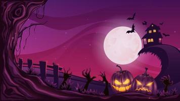 spooky night in the graveyard with pumpkins and house. happy halloween. vector