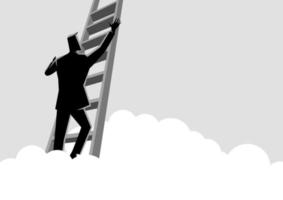 Businessman climbing a ladder above the clouds vector