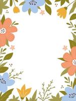 Frame with cute flowers and leaves. Botanical background. Perfect for decorations, greeting cards, invitations. Vector illustration in hand-drawn flat style.Vertical card template with space for text