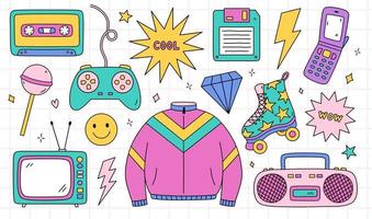 Bright doodle set of items from the nineties - retro cassette tape, sports jacket, tape recorder, roller skate, TV, joystick, floppy disk, cool and wow stickers, lightnings. Nostalgia for the 1990s. vector