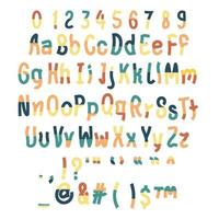 Color font with letters, punctuation, numbers, ornament alphabet for title, header, lettering, poster, greeting card, invitation, banner. Vector illustration.