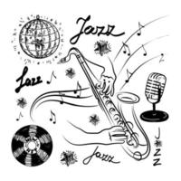 A set of musical elements for a jazz image. Inspirational saxophone playing, hand-drawn doodle. Flying notes. Music. Microphone, disk ball and vinyl record. Inspiration. Isolated vector illustration