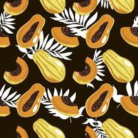 Seamless pattern of papaya and tropical leaves, sketchy drawn elements. Whole papaya, parts, slices, core. Image of summer fruits on black background vector