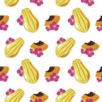 Seamless papaya and hibiscus pattern, sketchy drawn elements. Whole papaya, parts, slices, core. Image of summer fruits. Vector illustration on white background