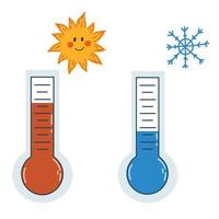 ilustración vectorial con termómetros en estilo plano aislado en blanco. íconos de clima cálido y frío, calor de verano, calentamiento global, ola de calor, heladas, caídas de temperatura. vector