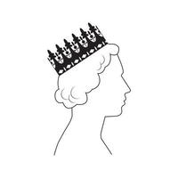 Black outline profile of Queen Elizabeth with the crown on white background. Side view of Queen of Great Britain.
