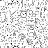 Hand drawn doodle seamless pattern with school icons on white background. Vector illustration of supplies, back to school concept for print, web and textile design, stationery.