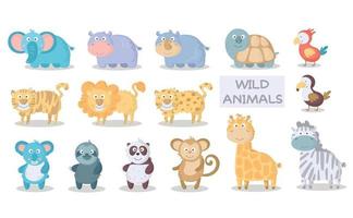 Big cute set wild safari african jungle animals. lion, giraffe, elephant, turtle, zebra, parrot, hippo, monkey, sloth, rhino, panda, tiger, panda, toucan. tropical collection doodle cartoon vector