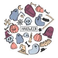 conjunto de vectores de imágenes prediseñadas de halloween. conjunto de colección de dibujos animados de garabatos dibujados a mano de iconos y símbolos sobre el día de halloween. ilustración divertida y linda para diseño, textil, tarjeta de felicitación.