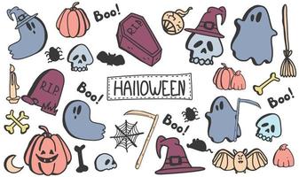 Vector set of halloween clipart.  hand drawn Doodle cartoon collection set of icon and symbols about the Halloween day. Funny, cute illustration for design, textile, greeting card.