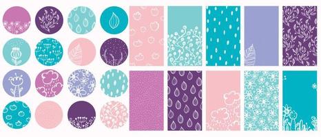 Social media stories templates. Abstract shapes and floral hand drawn elements. Vertical background template. Highlight cover set vector