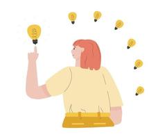 Girl with the lamp points with her finger an idea generator. The concept of imagining creativity. A man is creator experiencing inspiration, inventor. Vector flat illustration advertising, web design