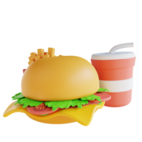 ilustração 3D batatas fritas, hambúrgueres e bebidas frias png