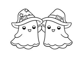 Cute ghosts wearing witch hats outline doodle cartoon illustration. Halloween coloring book page activity for kids and adults. vector
