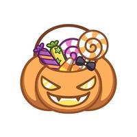 Scary Halloween trick or treat pumpkin basket full of candy doodle vector illustration. Party card invitation print, product print, sticker design element