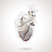 3D illustration of a polyhedron human heart using earth tones and a heart-shaped black lattice covering it. vector