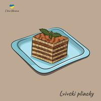 Dish of national Ukrainian cuisine, Lviv plyatsok on a blue plate, flat vector on a beige background