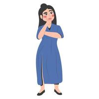 Thinking young woman has a question, stands at full height. Rubs chin, looks up and thinks about a new creative idea vector