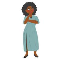 Thinking young black woman has a question, stands at full height. Rubs chin, looks up and thinks about a new creative idea vector