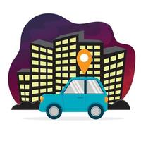 simple two-door blue coupe car side view with a location icon on top drives against the backdrop of night city skyscrapers in a bubble isolated on white background flat graphic vector