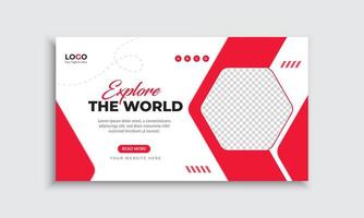 Travel or tour agency web banner template. Explore the world red color cover header background for website design vector