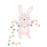 Cute white bunny with garland. Merry Christmas and Happy New Year. Year of the Rabbit vector
