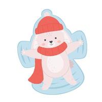 Cute white bunny in hat and scarf doing snow angel. Winter animals. Hello winter. vector