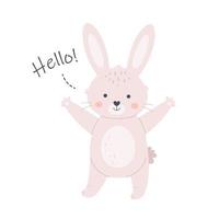 Cute white bunny saying Hello. Greeting card. Cute animals vector