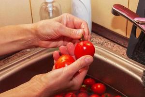 The woman's hands wash the tomatoes and remove the stalks from the vegetables. photo