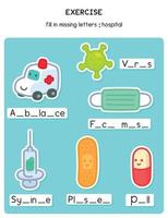 llene el alfabeto en los espacios en blanco sobre medicina en la ciencia hoja de ejercicios kawaii garabato vector dibujos animados