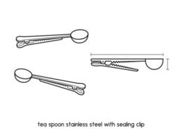 cuchara de café cuchara de helado cuchara de té de acero inoxidable con clip de sellado cuchara de leche en polvo diagrama de accesorios de cocina para la ilustración de vector de contorno manual de configuración