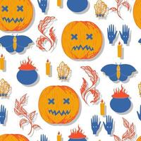 halloween vector seamless pattern. Seasonal jack o lantern with candles, crystals, witch's cauldron and divination by hand