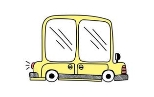 Vector cute yellow car in doodle style on a white background, children's illustration for postcards, posters, toys.