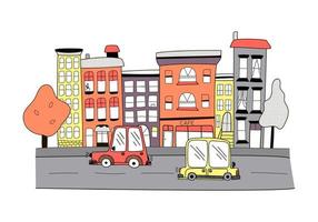 Vector children's illustration, a small color town in doodle style, cute houses with cars on a road, cafes, and trees on a white background. Illustration for postcards, gifts, packaging.