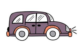 Vector cute purple car in doodle style on a white background, children's illustration for postcards, posters, toys.