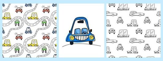 A set of vector patterns and a poster with colorful cute cars on a doodle-style white background. Children's illustration for pajamas, children's room, wallpaper, postcards, holidays