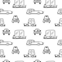 Vector seamless pattern with a variety of cute cars and a road on a doodle-style white background. Children's illustration for pajamas, children's room, wallpaper, postcards, holidays