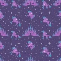 Pattern of unicorns and castle of the night starry sky. vector