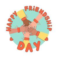 Friends holding hands in friendship bracelets. Happy friendship day greeting card design. DIY wristbands vector