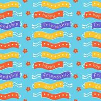 Happy friendship day seamless pattern. Friendship bracelets on blue background vector flat illustration. Three wristbands with congratulatory title